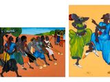 deux tableaux représentant des femmes africaines, un homme en robe bleue et une femme en robe verte