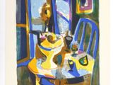 une photo d'un tableau représentant une table sur laquelle se trouve un chat