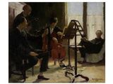tableau représentant un groupe d'hommes jouant de la musique dans une pièce