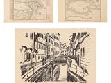 trois dessins représentant des bâtiments et un canal dans une ville