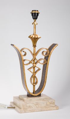 lampe de table en laiton et marbre avec abat-jour noir et or