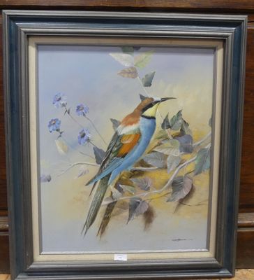 painting of a colorful bird sitting on a branch in front of a wooden wall