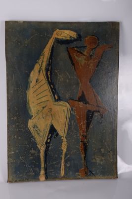 un tableau représentant une girafe et un homme accroché au mur