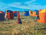 de nombreux parasols posés dans l'herbe près de la plage