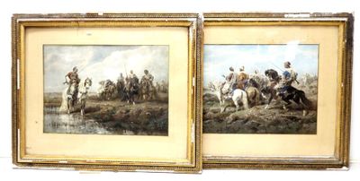 two paintings of men riding horses next to a body of water