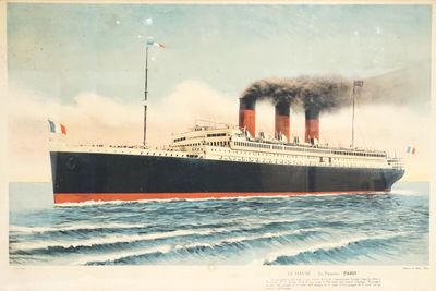 tableau représentant un grand navire en mer d'où s'échappe de la fumée