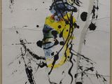 abstract painting of a yellow and black butterfly on a white background