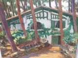 un tableau représentant une maison blanche dans les bois