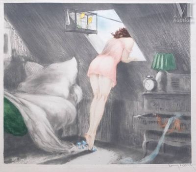 painting of a woman in a pink dress standing in a bedroom