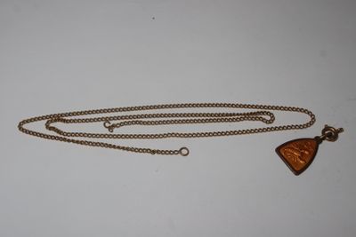 a close up of a necklace with a triangle shaped pendant on a chain
