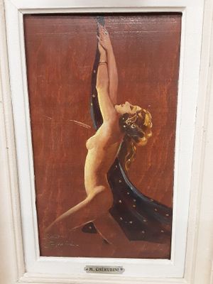 tableau représentant une femme nue vêtue d'une robe noire et tenant un foulard noir