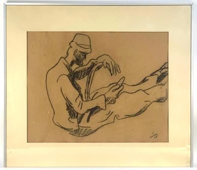 drawing of a man sitting on the ground with his legs crossed
