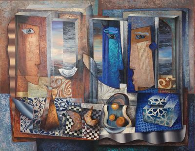 une peinture représentant une peinture d'une table sur laquelle se trouvent des plats