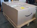 boxes on a pallet in a warehouse with a forklift in the background