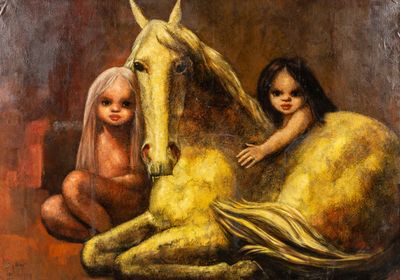 un tableau représentant deux enfants assis sur un cheval