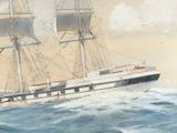 painting of a large ship in the ocean with a sky background