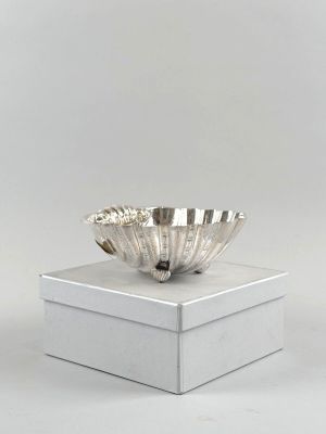 silver plated bowl on a white box on a white surface