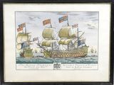 une vieille gravure représentant un navire en mer, orné de drapeaux