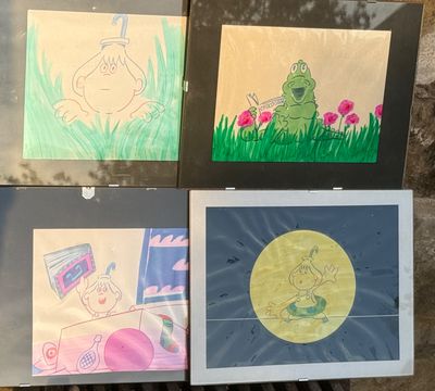 Suite de 4 dessins pour un film d'animation, dans des encadr…