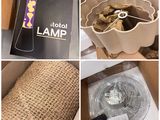 plusieurs photos d'une boîte contenant une lampe et d'une boîte contenant un ventilateur