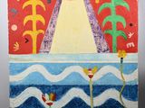 an image of a painting of a sun over a body of water