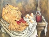 un tableau représentant un morceau de pain et des œufs posés sur une table