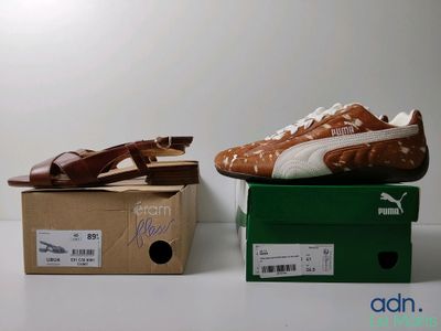 deux chaussures posées sur une boîte