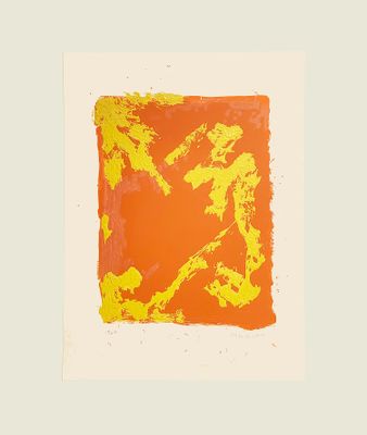 tableau aux couleurs orange et jaune représentant un homme à cheval sur une place