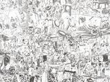 un dessin en noir et blanc représentant un groupe de personnes dans une pièce