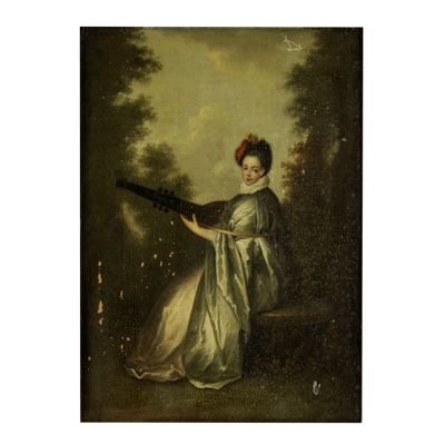 un tableau représentant une femme en robe blanche tenant un pistolet
