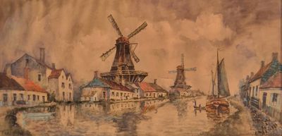 tableau représentant un moulin à vent dans un village, avec des bateaux au premier plan