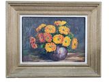 painting of yellow and red flowers in a vase on a table