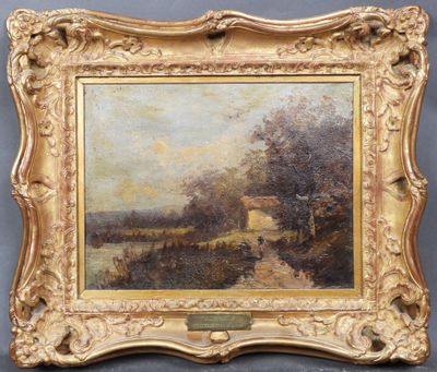une peinture d'un paysage avec une maison au loin