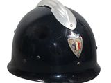 a black helmet with a silver and red emblem on it