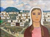 a painting of a woman standing in front of a village