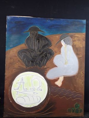 a painting of a man and a woman sitting in front of a clock