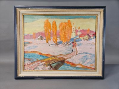 painting of a woman walking in the snow with trees in the background