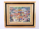 framed painting of a busy street scene with a horse drawn carriage