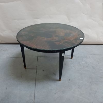 TABLE BASSE ronde en bois, plateau en bois à décor de laque …