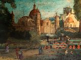 a painting of a train on the tracks in front of a church