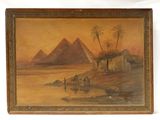 an image of a painting of a desert scene with a pyramid in the background