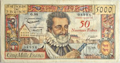 50 NF sur 5000 francs HenriIV 5/3/1959, peu courant, TTB