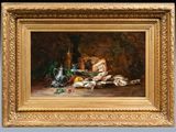 an oil painting of a still life with bread, wine and other items