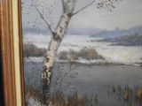 a painting of a birch tree by the water