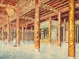 a painting of a large room with columns and a clock