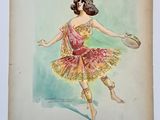 tableau représentant une femme en robe rose tenant une raquette de tennis