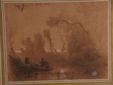drawing of a landscape with a river and trees in the foreground