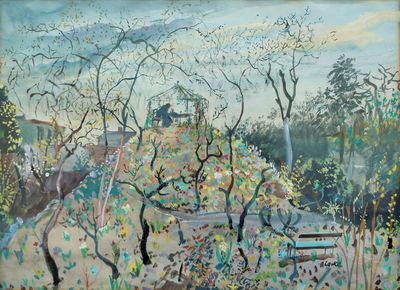 peinture représentant une peinture d'un parc avec un banc et des arbres