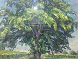 a painting of a tree in a field with a path