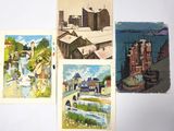 several paintings of buildings and a bridge are displayed on a white surface